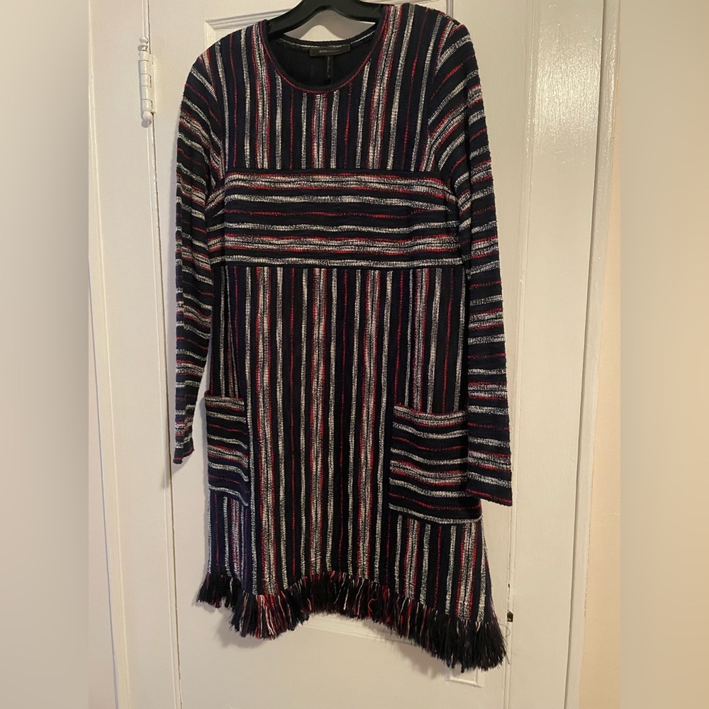 Navy long sleeve dress with details of white and red